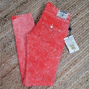 True Religion Red Acid Wash Skinny Ankle Jeans Swarovski Crystals  28 Tags Gone
